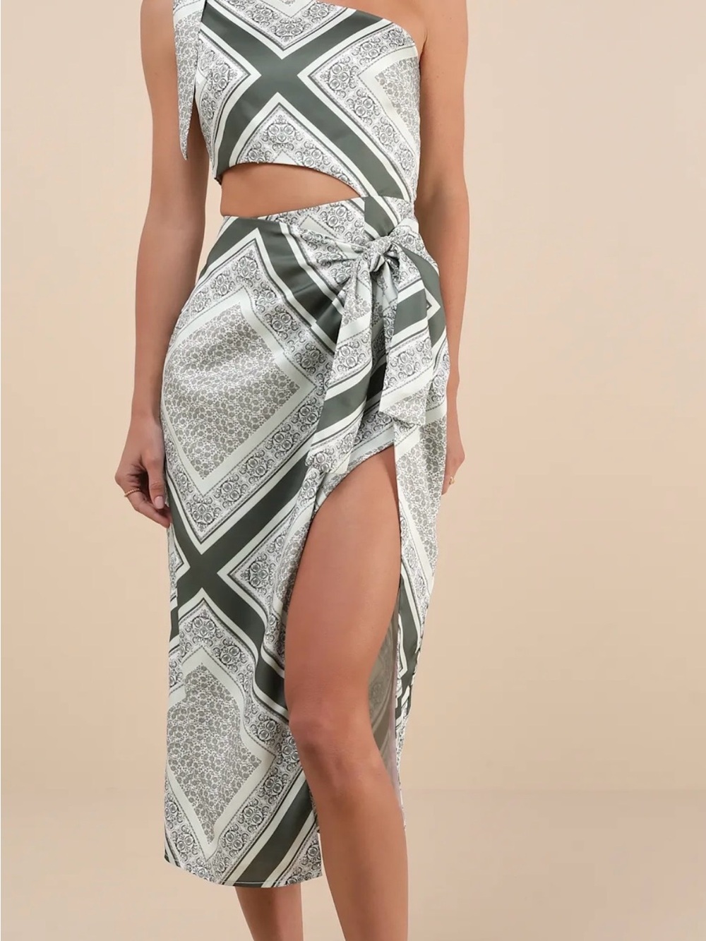 Lulu's Olive and White High-Slit Wrap Midi Skirt